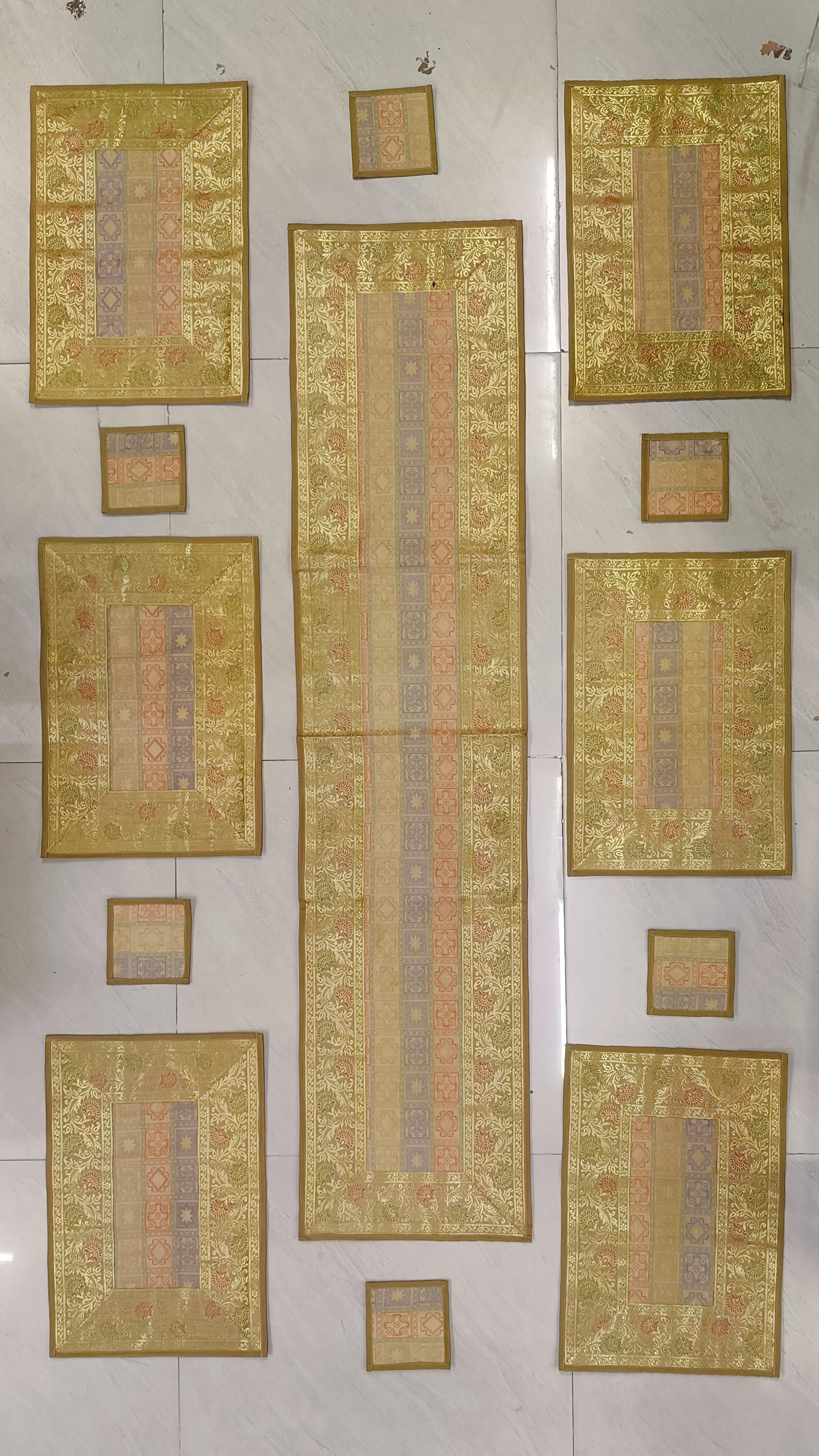 Diwali Gift Box with Banarasi Zari Table Runner, Set Of 6 Mats, 6 coaster & 2 laddoo candles