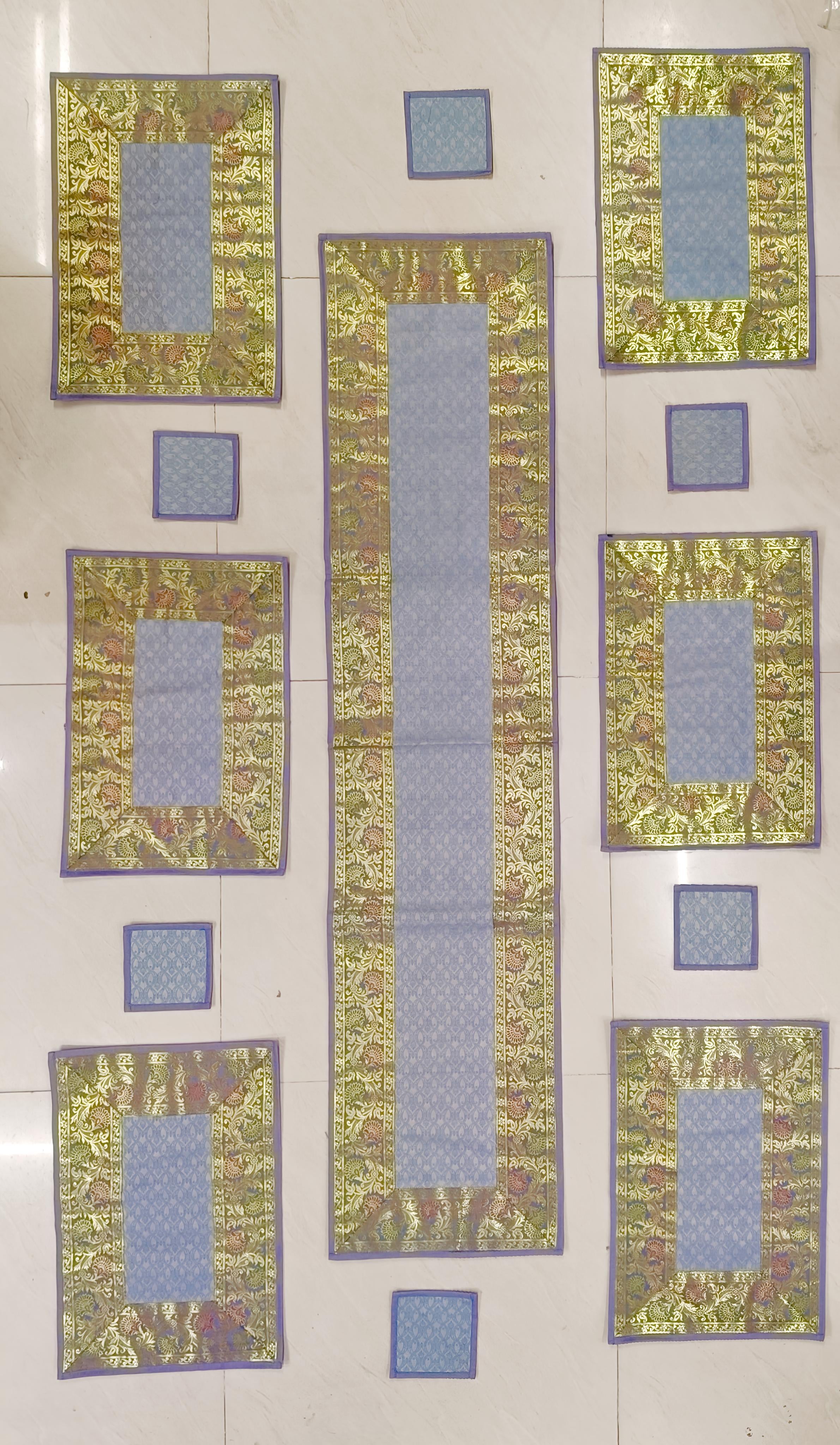 Diwali Gift Box with Banarasi Zari Table Runner, Set Of 6 Mats, 6 coaster & 2 laddoo candles