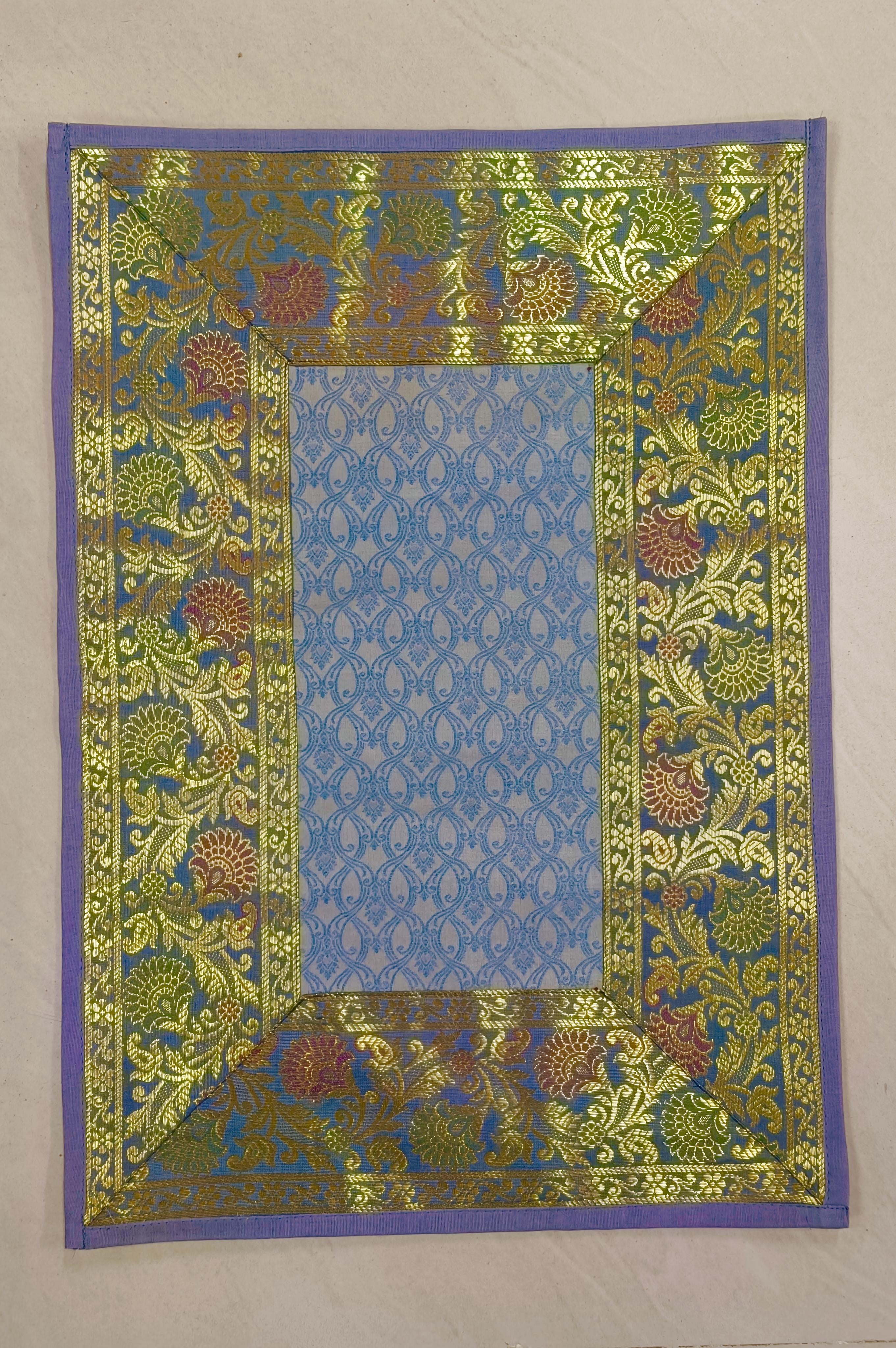 Diwali Gift Box with Banarasi Zari Table Runner, Set Of 6 Mats, 6 coaster & 2 laddoo candles