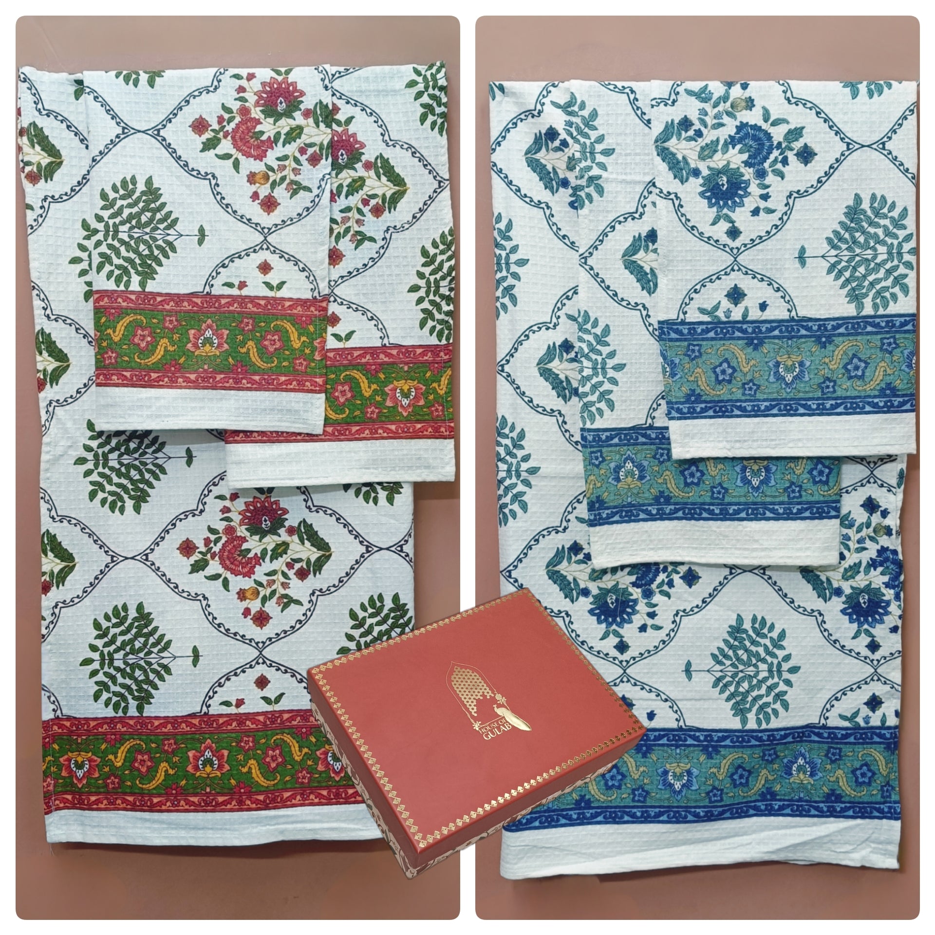 His & Her Towel Gift Set - Handblock Printed Towels - 2 Bath + 4 Hand Towels in 2 designs