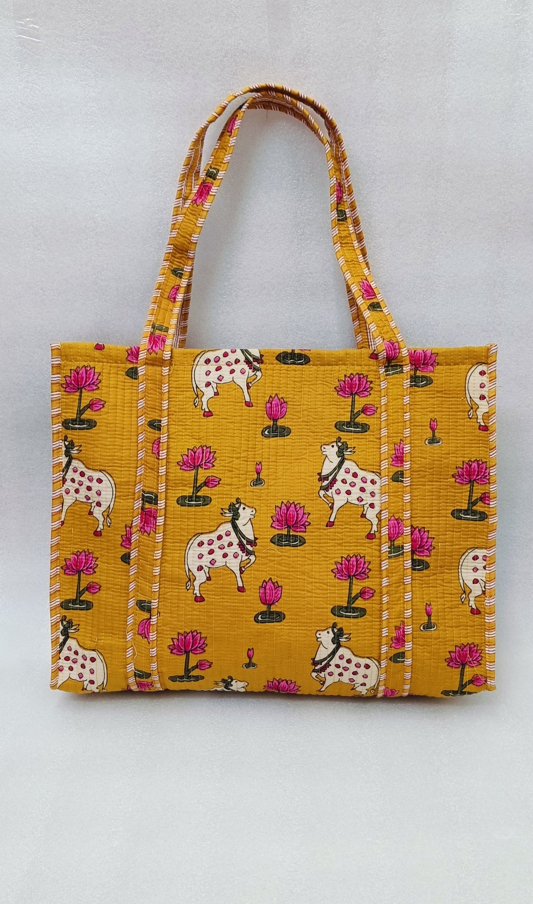 Handblock Printed Quilted Tote Bag without zip/button 17x18x 6 inches