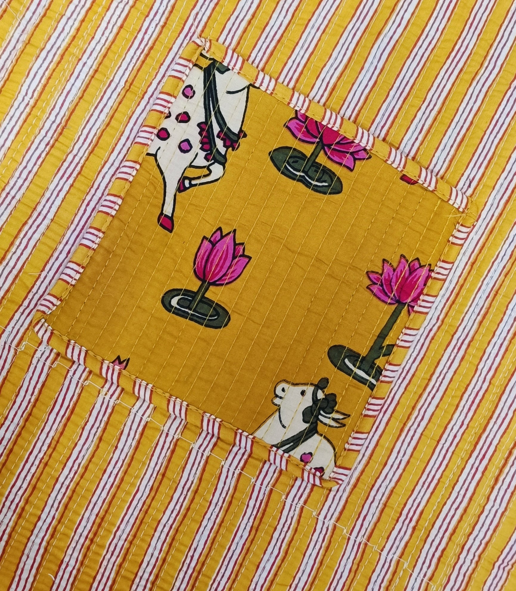 Handblock Printed Cotton Tote Bag with Unique Moon-Shaped Handle- 14x14x6 inches