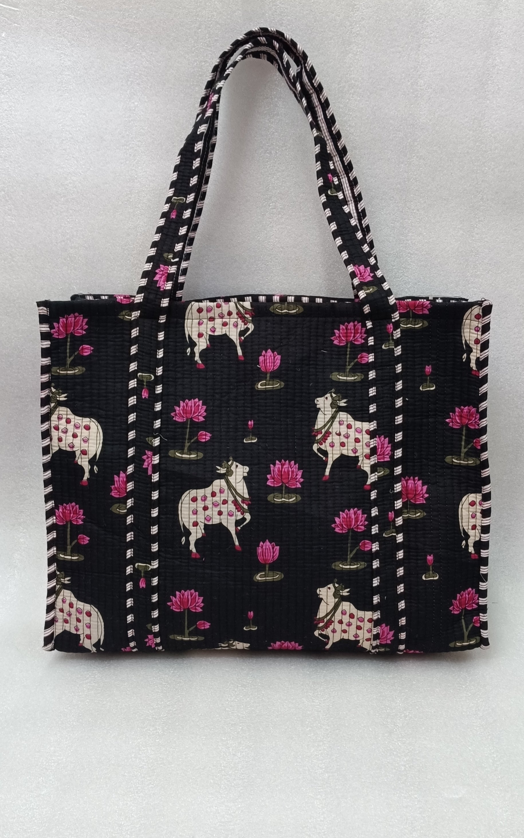 Handblock Printed Quilted Tote Bag without zip/button 17x18x 6 inches