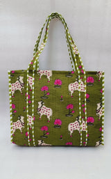 Handblock Printed Quilted Tote Bag without zip/button 17x18x 6 inches