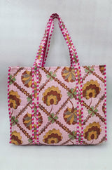 Handblock Printed Quilted Tote Bag without zip/button 17x18x 6 inches