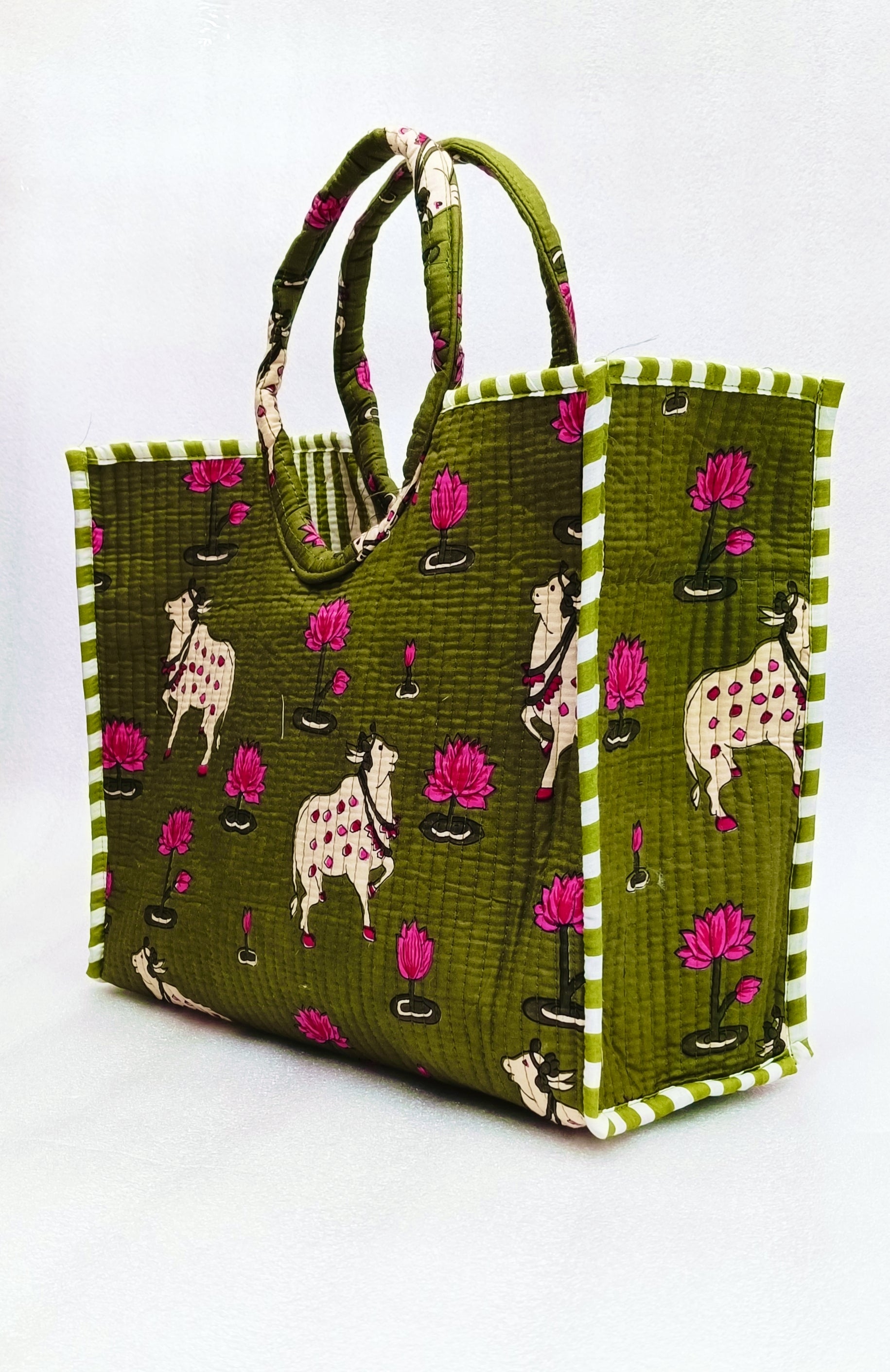 Handblock Printed Cotton Tote Bag with Unique Moon-Shaped Handle- 14x14x6 inches