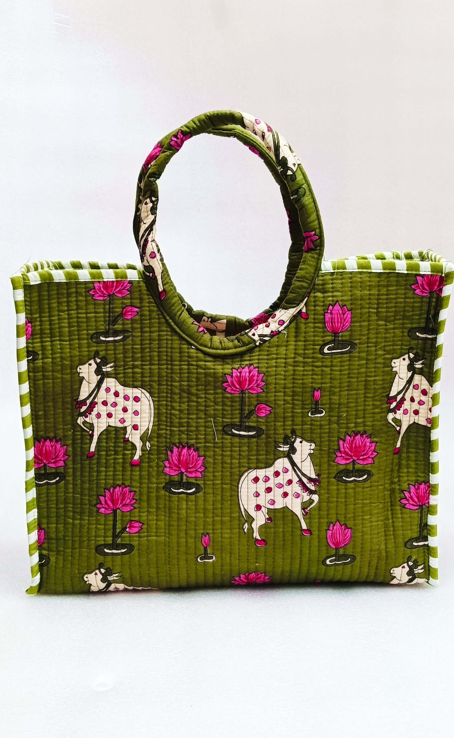 Handblock Printed Cotton Tote Bag with Unique Moon-Shaped Handle- 14x14x6 inches