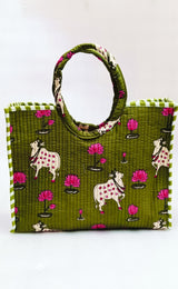 Handblock Printed Cotton Tote Bag with Unique Moon-Shaped Handle- 14x14x6 inches