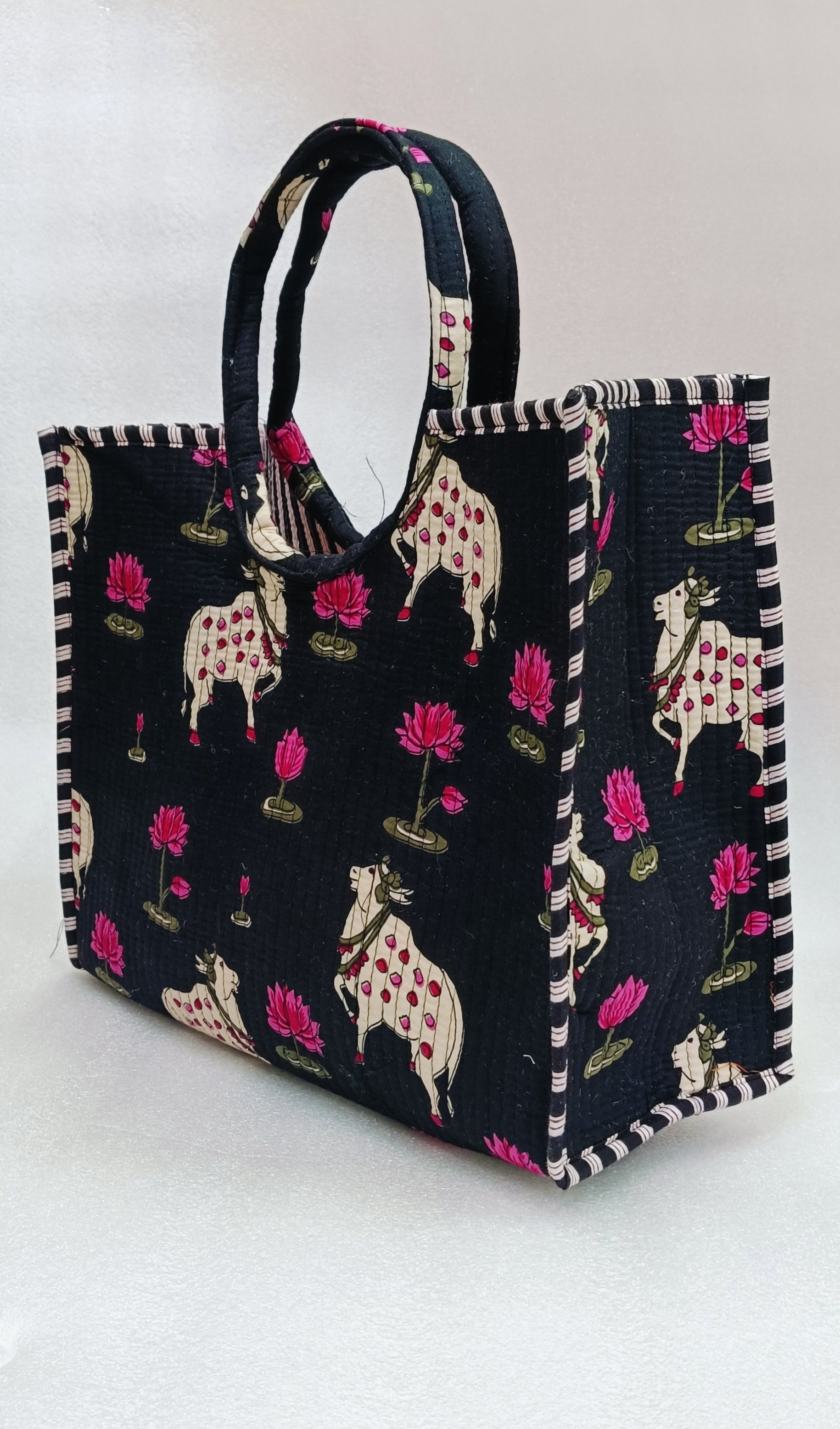 Handblock Printed Cotton Tote Bag with Unique Moon-Shaped Handle- 14x14x6 inches