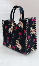 Handblock Printed Cotton Tote Bag with Unique Moon-Shaped Handle- 14x14x6 inches