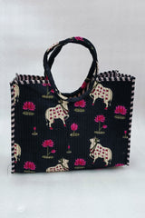Handblock Printed Cotton Tote Bag with Unique Moon-Shaped Handle- 14x14x6 inches