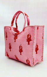Handblock Printed Cotton Tote Bag with Unique Moon-Shaped Handle- 14x14x6 inches