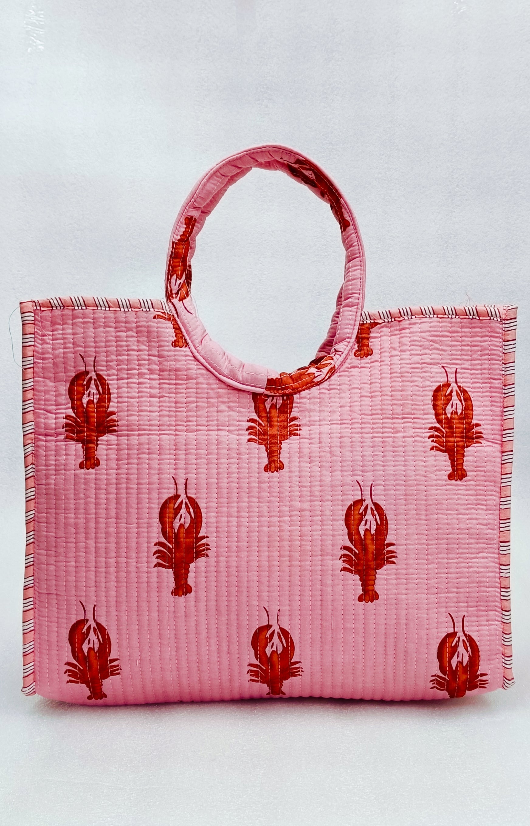 Handblock Printed Cotton Tote Bag with Unique Moon-Shaped Handle- 14x14x6 inches