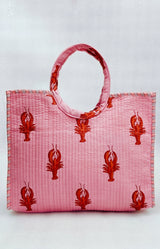 Handblock Printed Cotton Tote Bag with Unique Moon-Shaped Handle- 14x14x6 inches