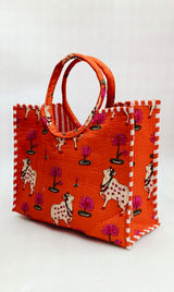 Handblock Printed Cotton Tote Bag with Unique Moon-Shaped Handle- 14x14x6 inches