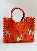 Handblock Printed Cotton Tote Bag with Unique Moon-Shaped Handle- 14x14x6 inches