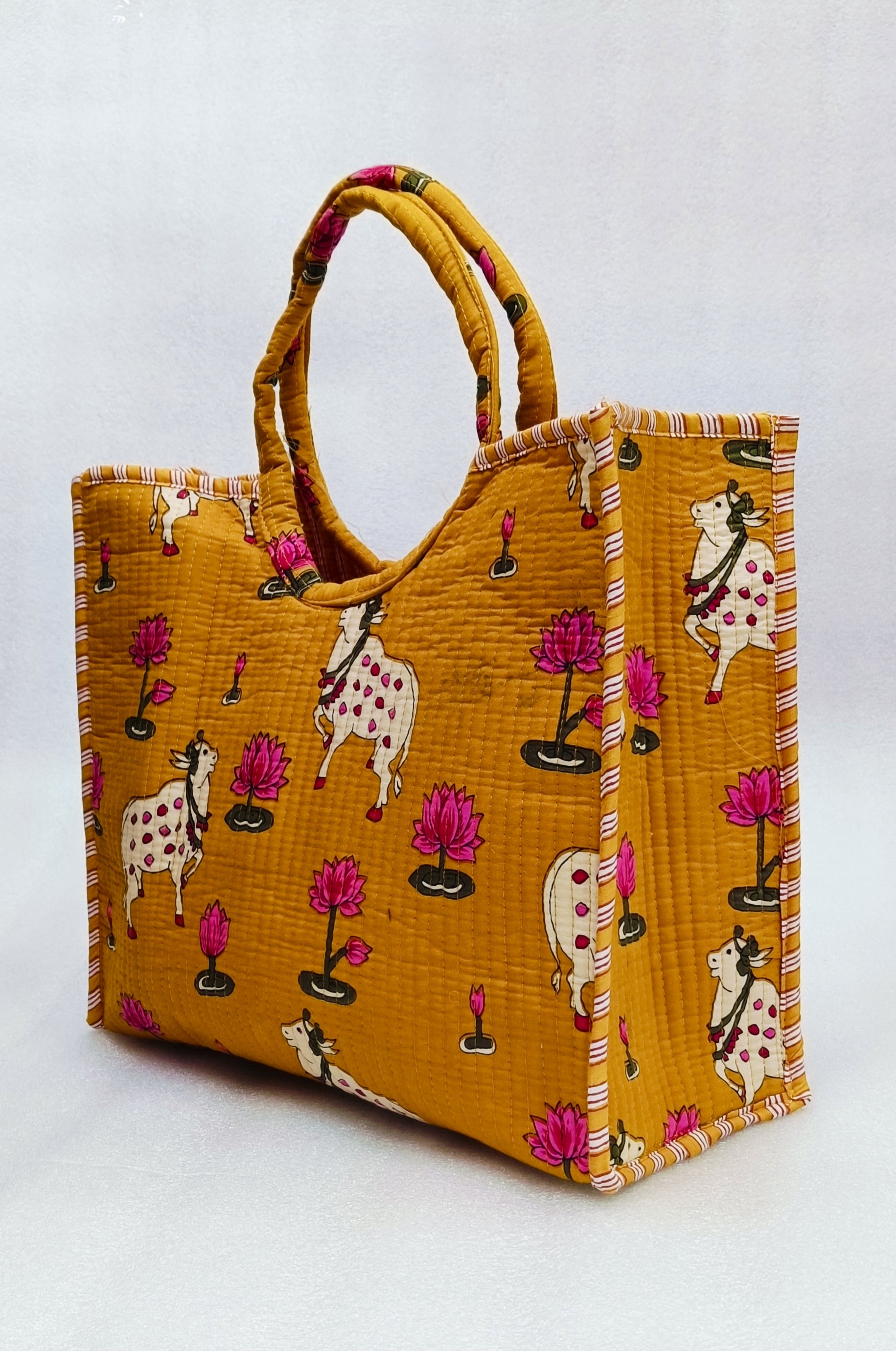 Handblock Printed Cotton Tote Bag with Unique Moon-Shaped Handle- 14x14x6 inches