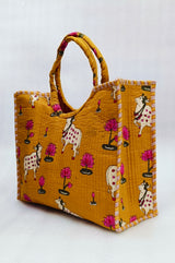 Handblock Printed Cotton Tote Bag with Unique Moon-Shaped Handle- 14x14x6 inches