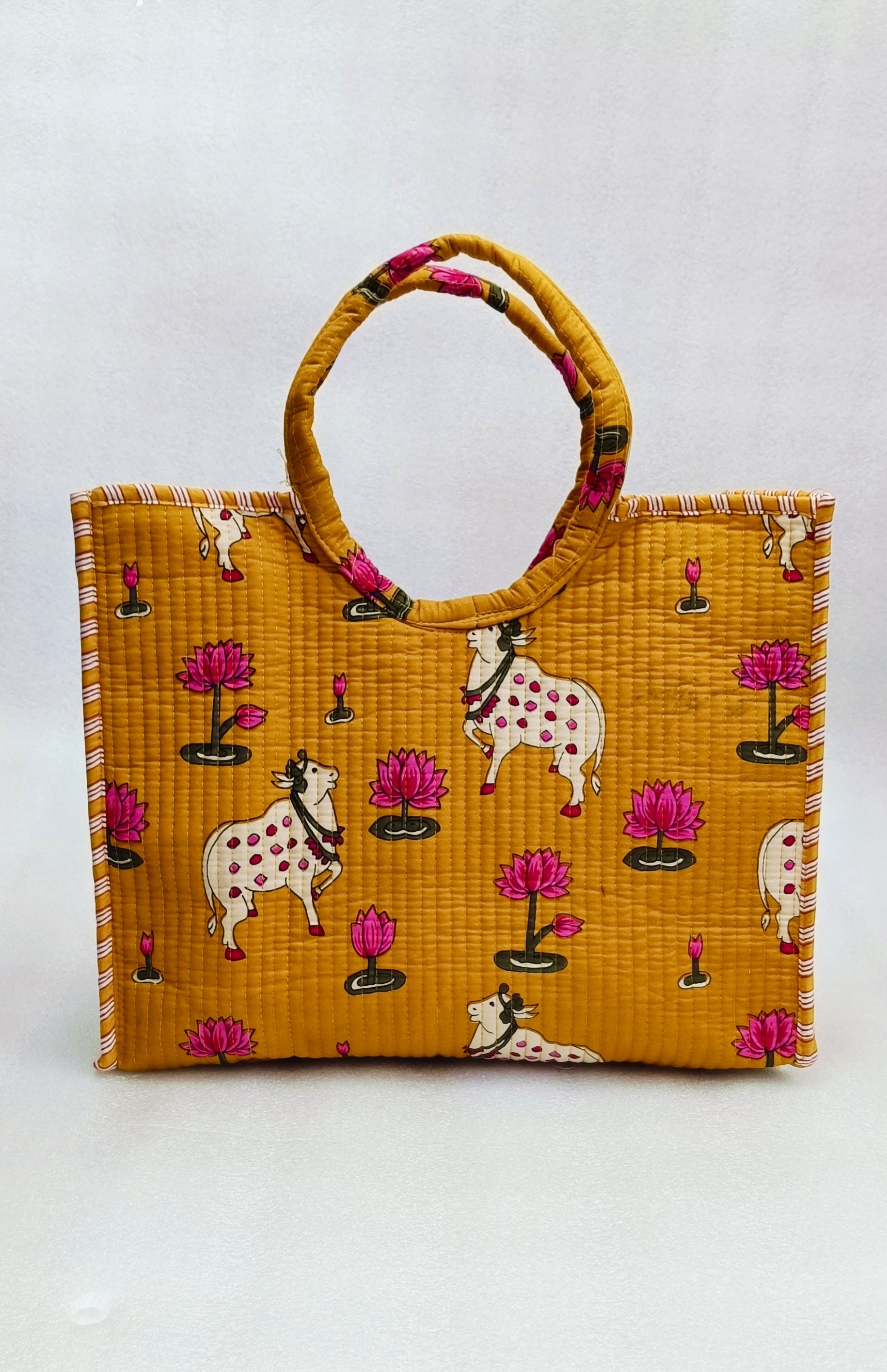 Handblock Printed Cotton Tote Bag with Unique Moon-Shaped Handle- 14x14x6 inches