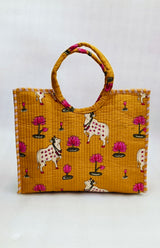 Handblock Printed Cotton Tote Bag with Unique Moon-Shaped Handle- 14x14x6 inches