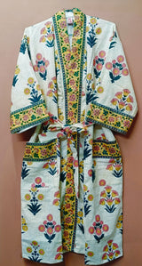 Waffle Cotton Handblock Printed Unisex Bathrobe - Free Size