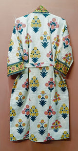 Waffle Cotton Handblock Printed Unisex Bathrobe - Free Size