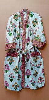 Waffle Cotton Handblock Printed Unisex Bathrobe - Free Size