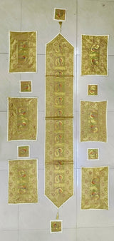 Diwali Gift Box with Banarasi Zari Table Runner, Set Of 6 Mats, 6 coaster & 2 laddoo candles