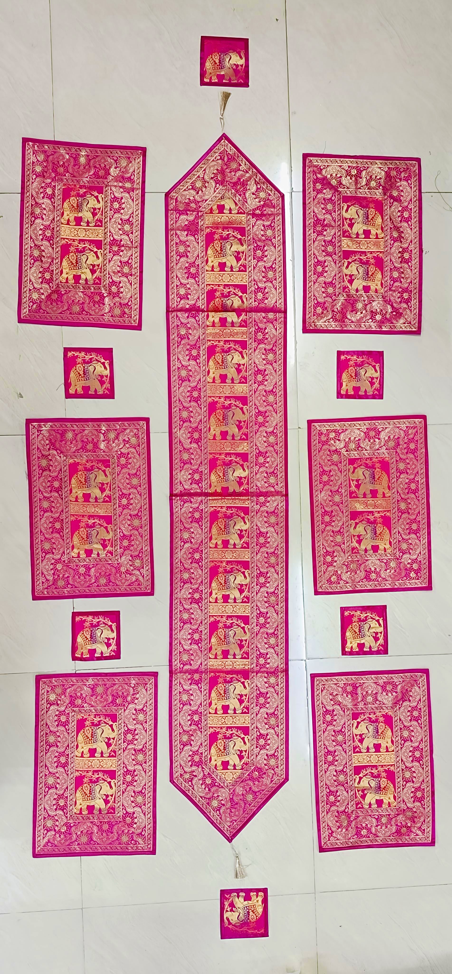 Diwali Gift Box with Banarasi Zari Table Runner, Set Of 6 Mats, 6 coaster & 2 laddoo candles