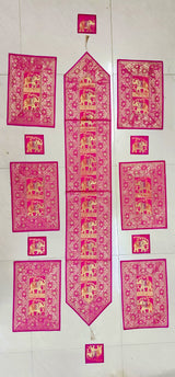 Diwali Gift Box with Banarasi Zari Table Runner, Set Of 6 Mats, 6 coaster & 2 laddoo candles