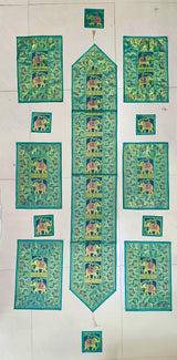 Diwali Gift Box with Banarasi Zari Table Runner, Set Of 6 Mats, 6 coaster & 2 laddoo candles