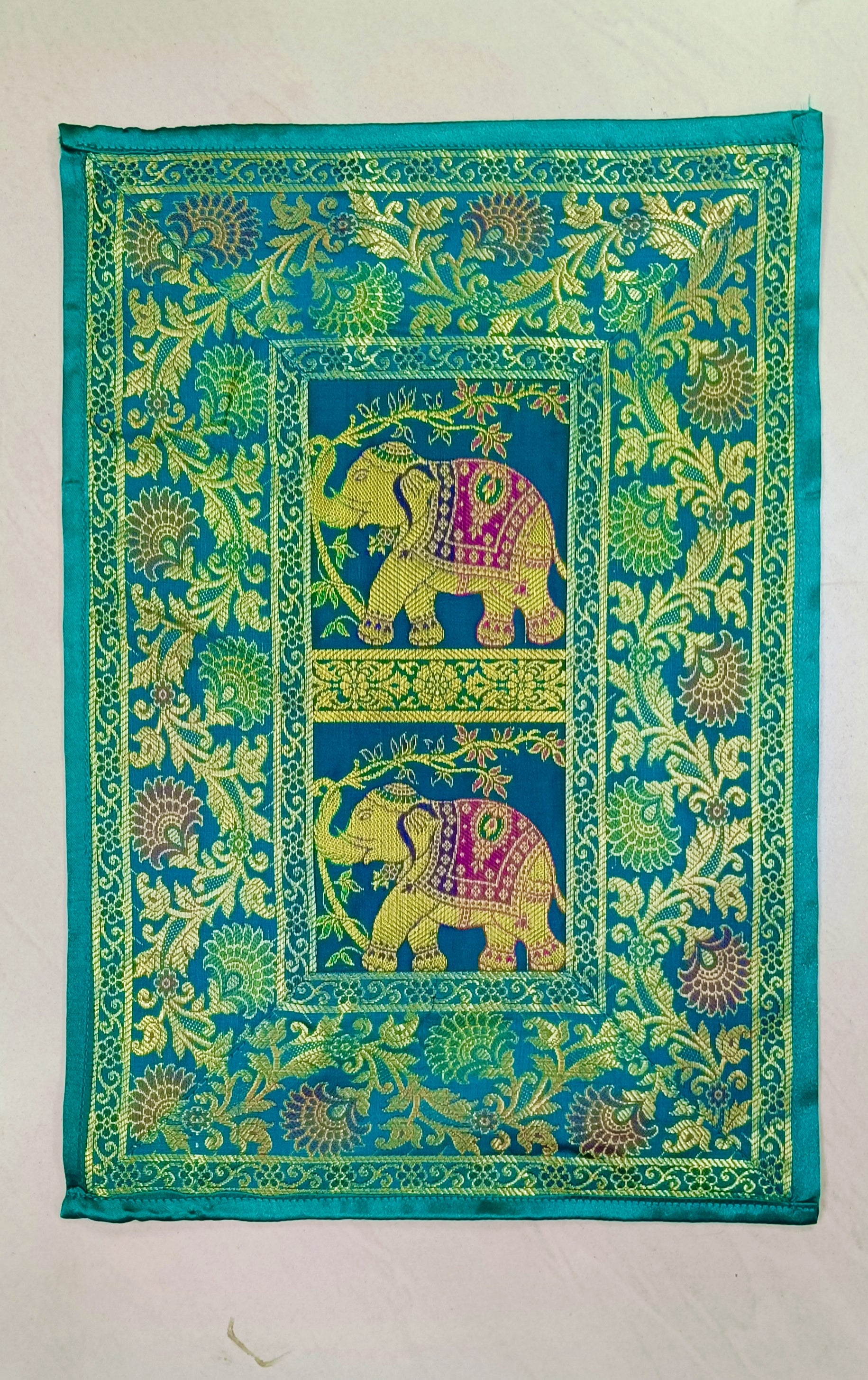 Diwali Gift Box with Banarasi Zari Table Runner, Set Of 6 Mats, 6 coaster & 2 laddoo candles