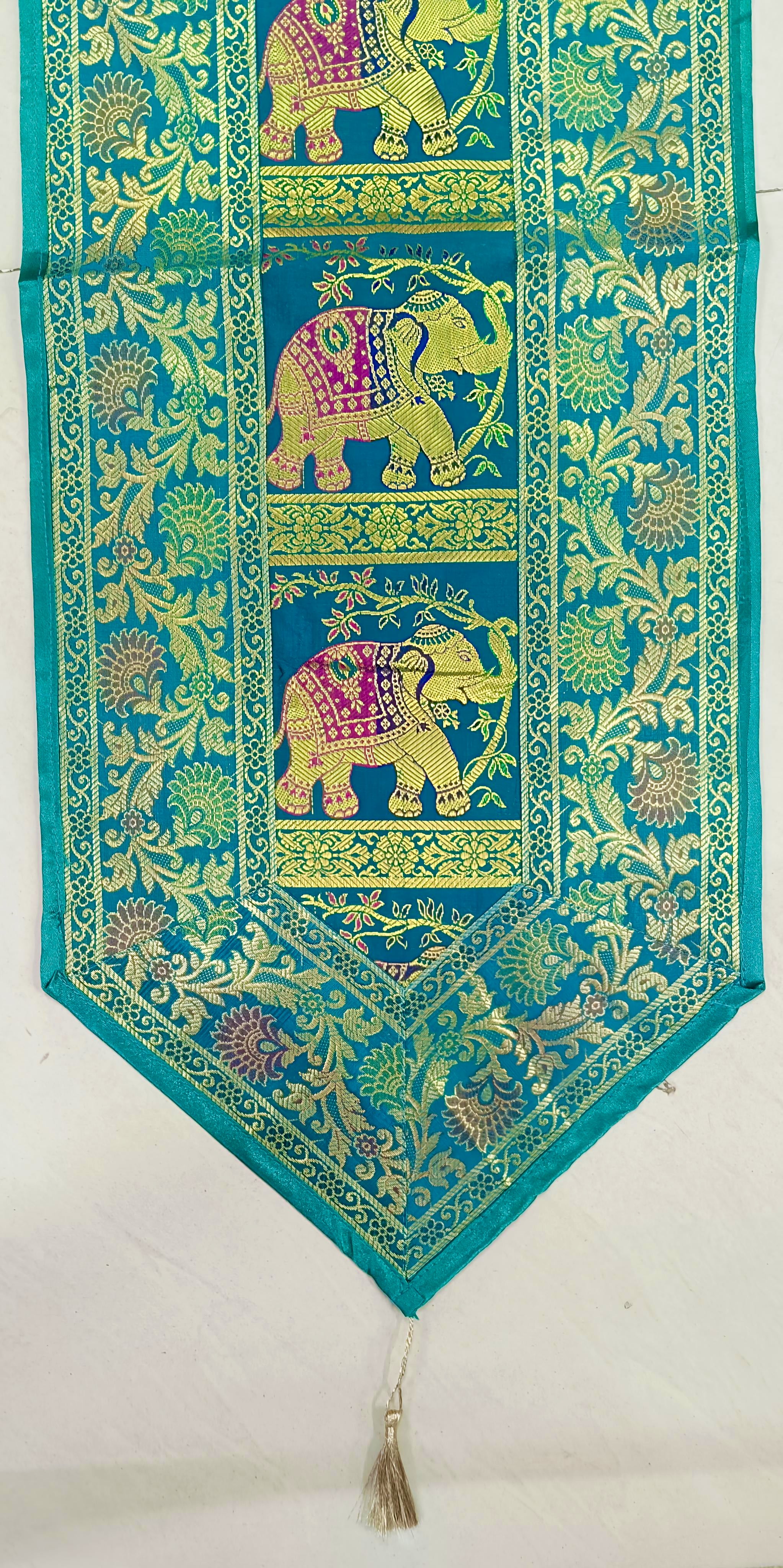 Diwali Gift Box with Banarasi Zari Table Runner, Set Of 6 Mats, 6 coaster & 2 laddoo candles