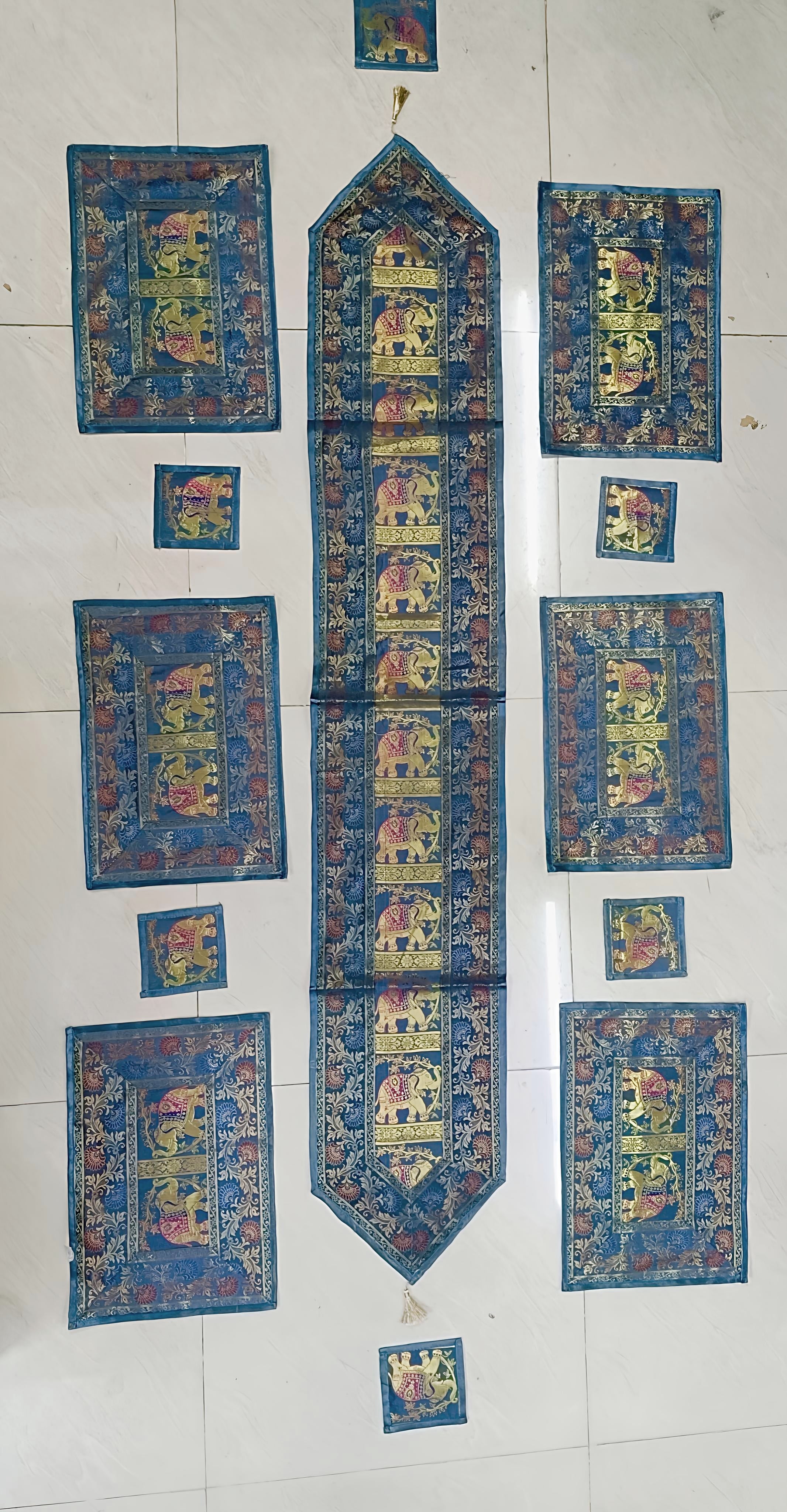 Diwali Gift Box with Banarasi Zari Table Runner, Set Of 6 Mats, 6 coaster & 2 laddoo candles