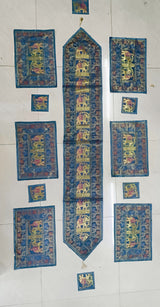 Diwali Gift Box with Banarasi Zari Table Runner, Set Of 6 Mats, 6 coaster & 2 laddoo candles