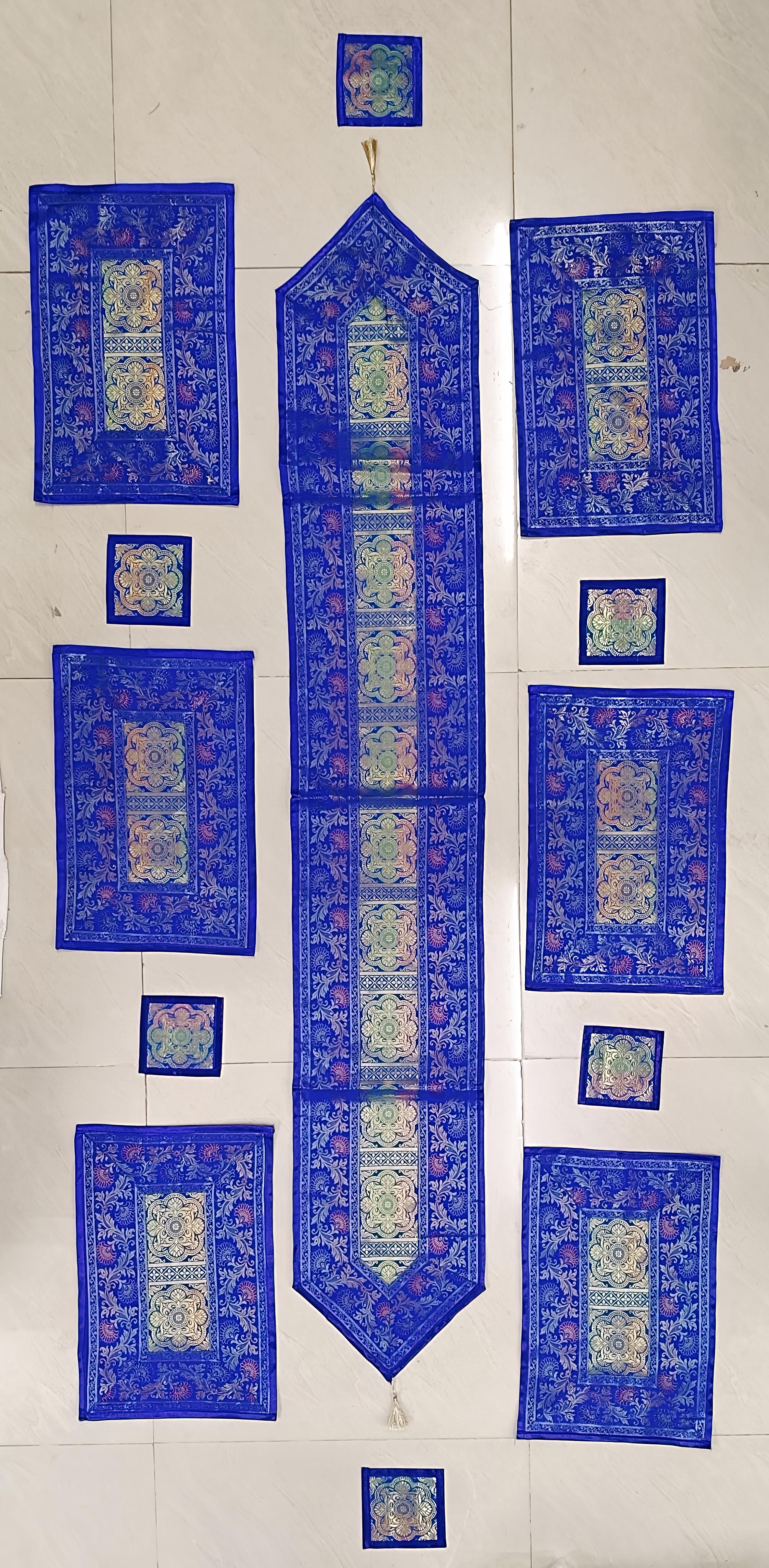 Diwali Gift Box with Banarasi Zari Table Runner, Set Of 6 Mats, 6 coaster & 2 laddoo candles