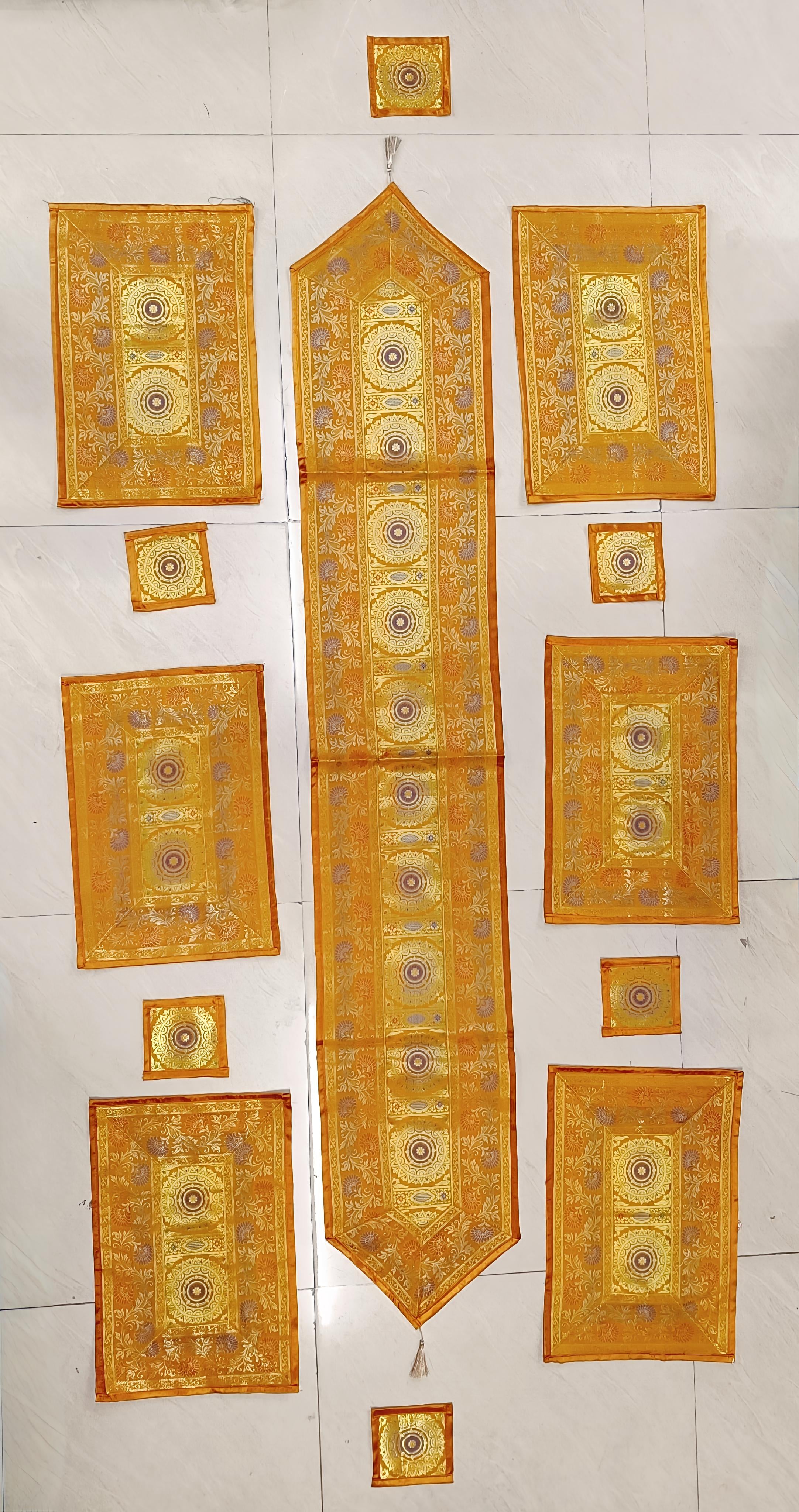 Diwali Gift Box with Banarasi Zari Table Runner, Set Of 6 Mats, 6 coaster & 2 laddoo candles