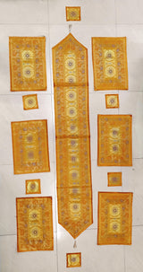Diwali Gift Box with Banarasi Zari Table Runner, Set Of 6 Mats, 6 coaster & 2 laddoo candles