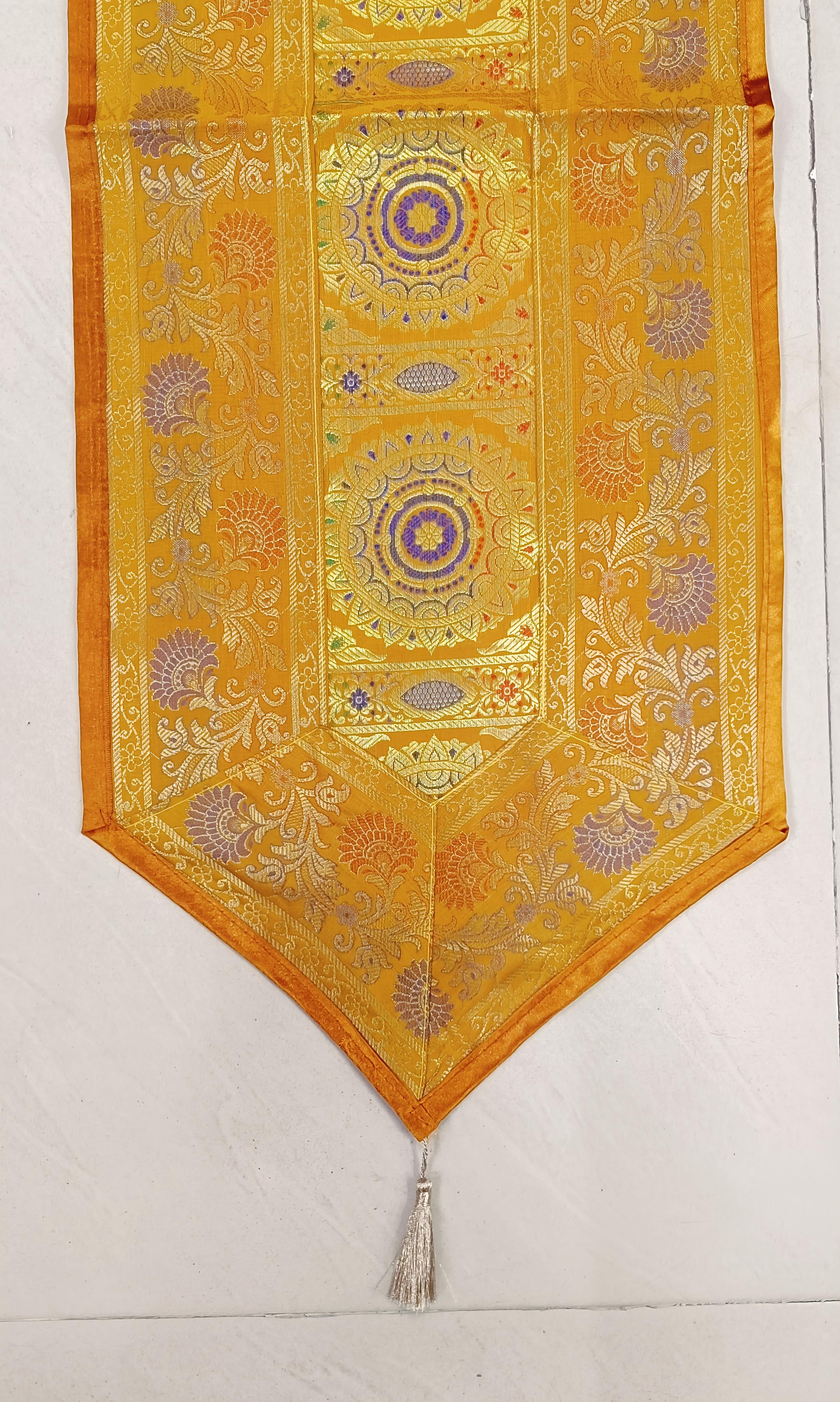 Diwali Gift Box with Banarasi Zari Table Runner, Set Of 6 Mats, 6 coaster & 2 laddoo candles