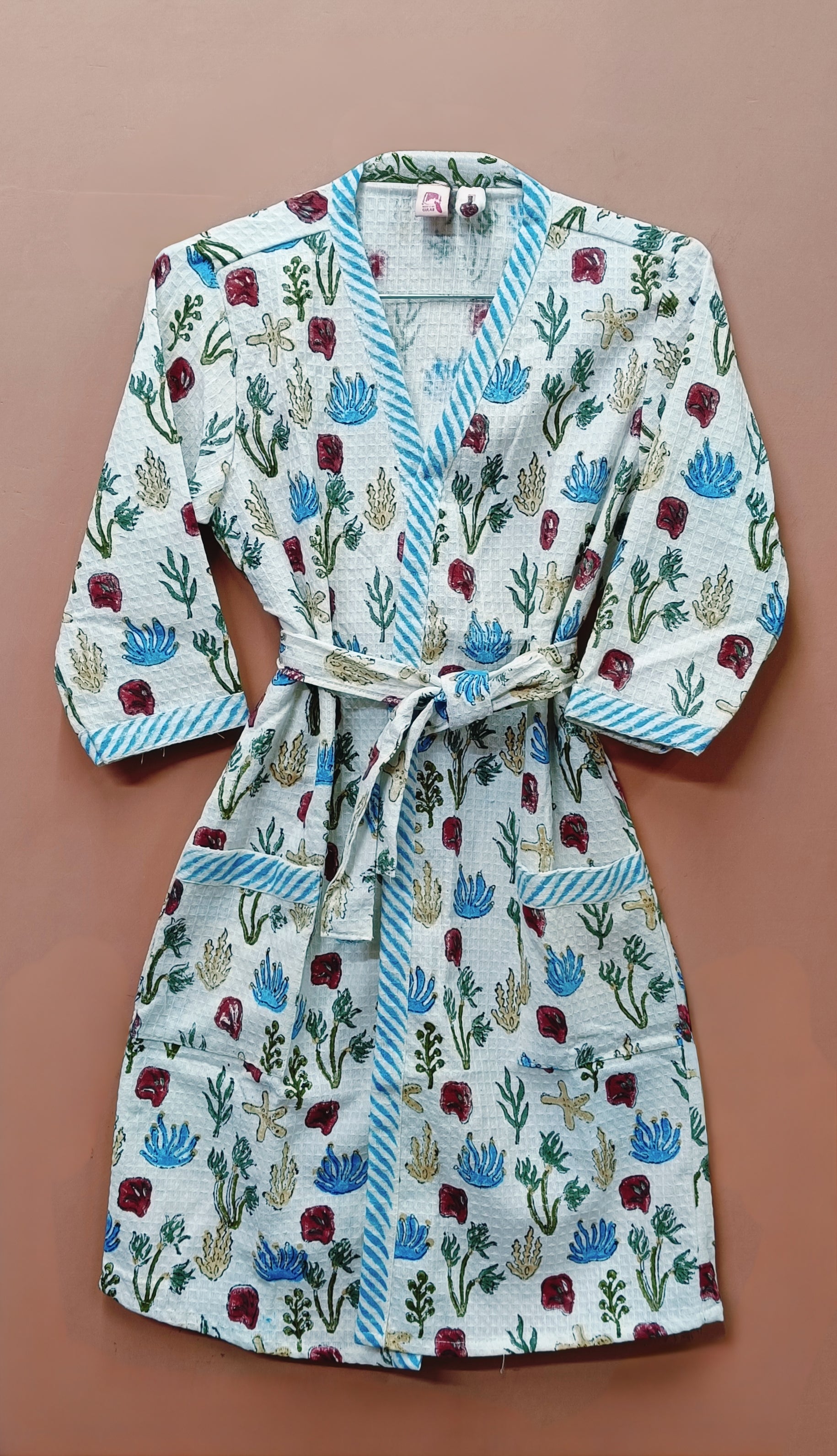 Handblock printed waffle cotton bathrobe for kids - 4-13 years old