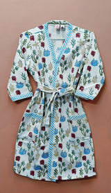 Handblock printed waffle cotton bathrobe for kids - 4-13 years old