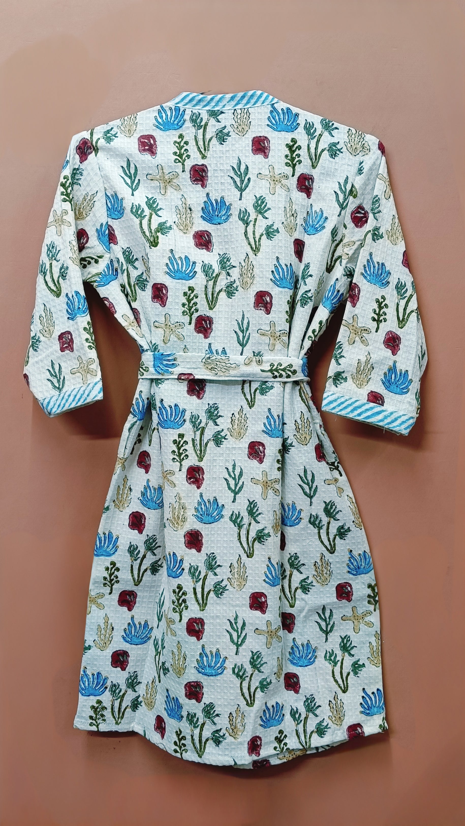Handblock printed waffle cotton bathrobe for kids - 4-13 years old