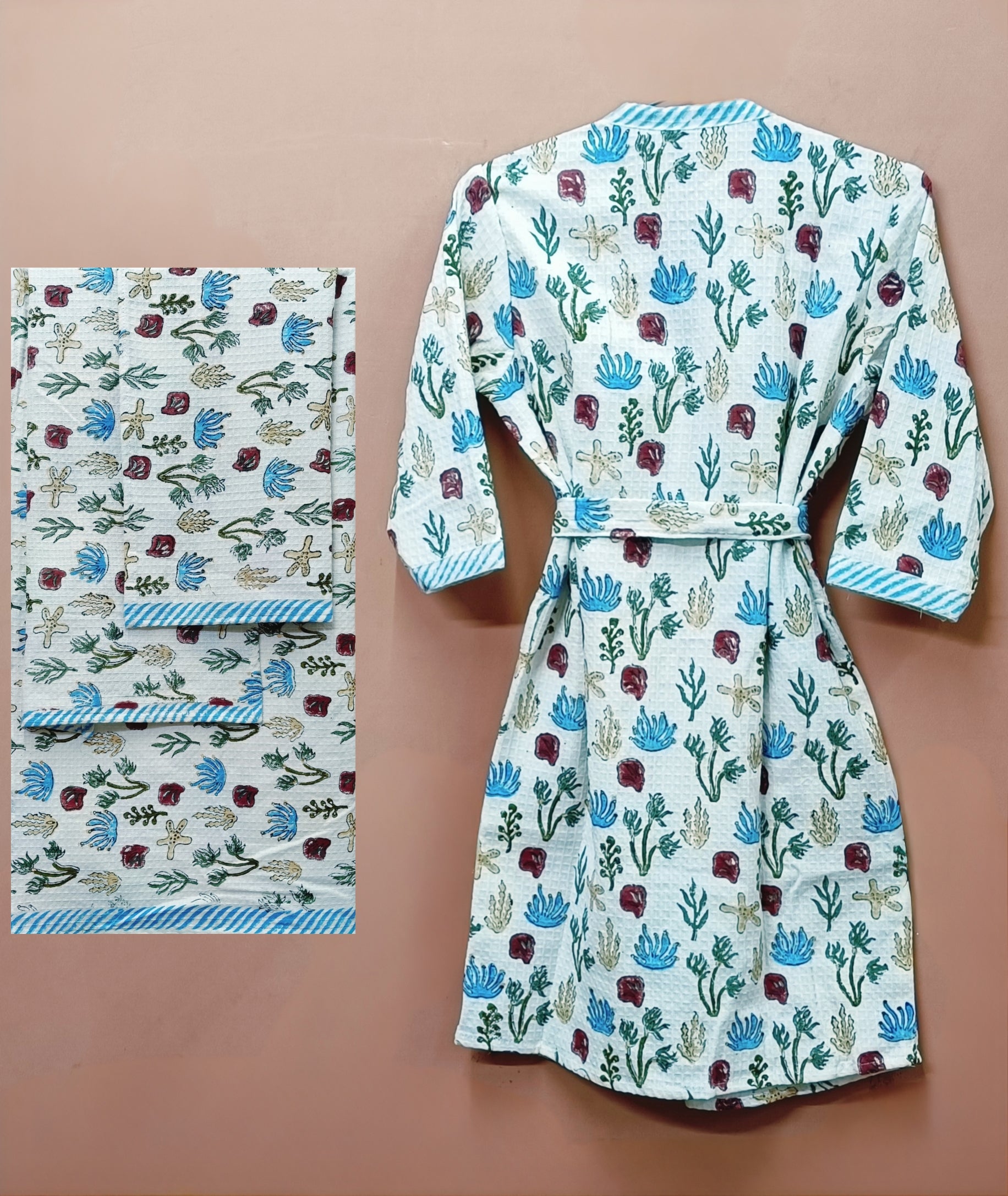 Handblock Printed Waffle Cotton Bathrobe Gift Box for Kids (4-13 Years) – Includes Bath Towel & 2 Hand Towels