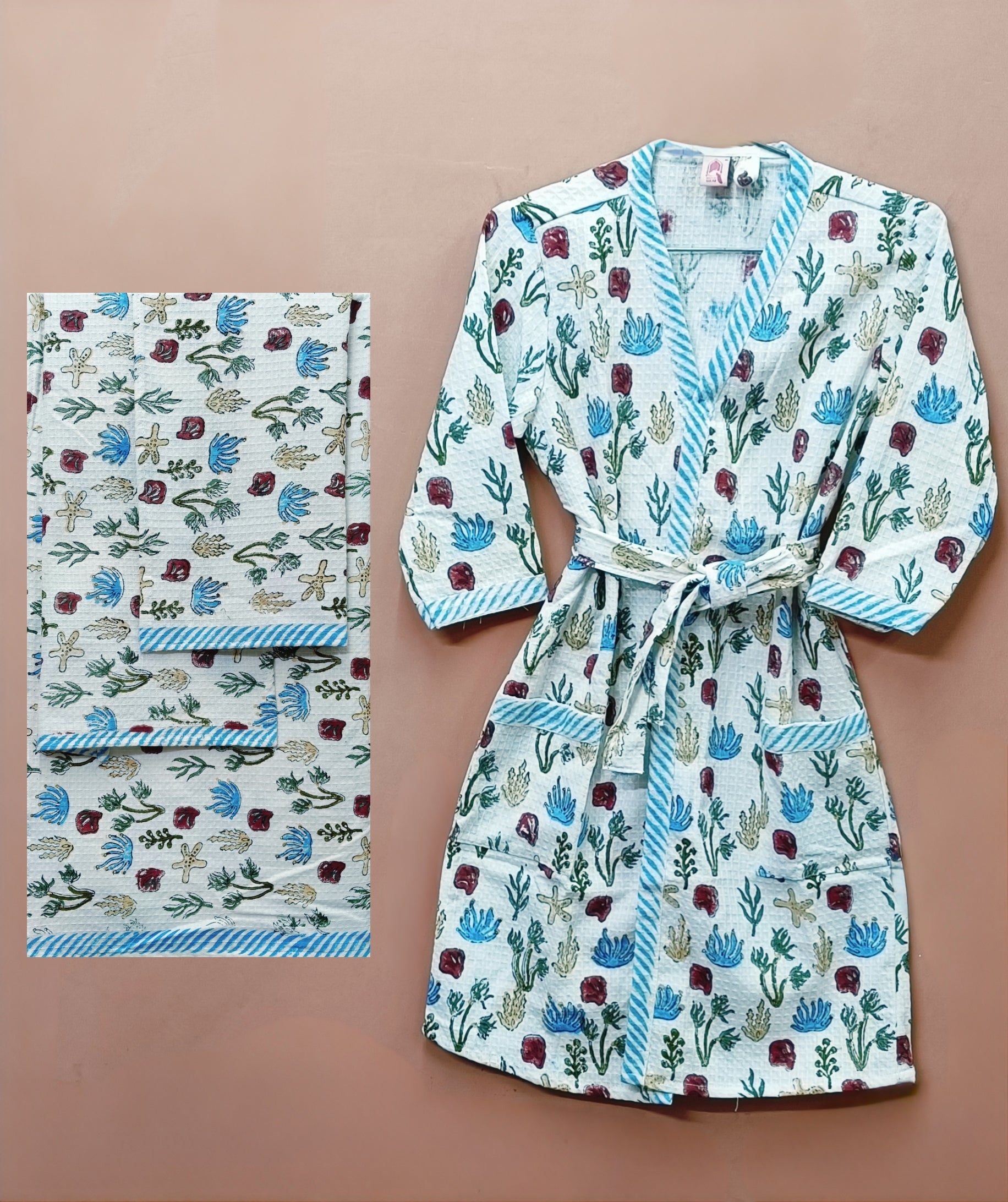 Handblock Printed Waffle Cotton Bathrobe Gift Box for Kids (4-13 Years) – Includes Bath Towel & 2 Hand Towels