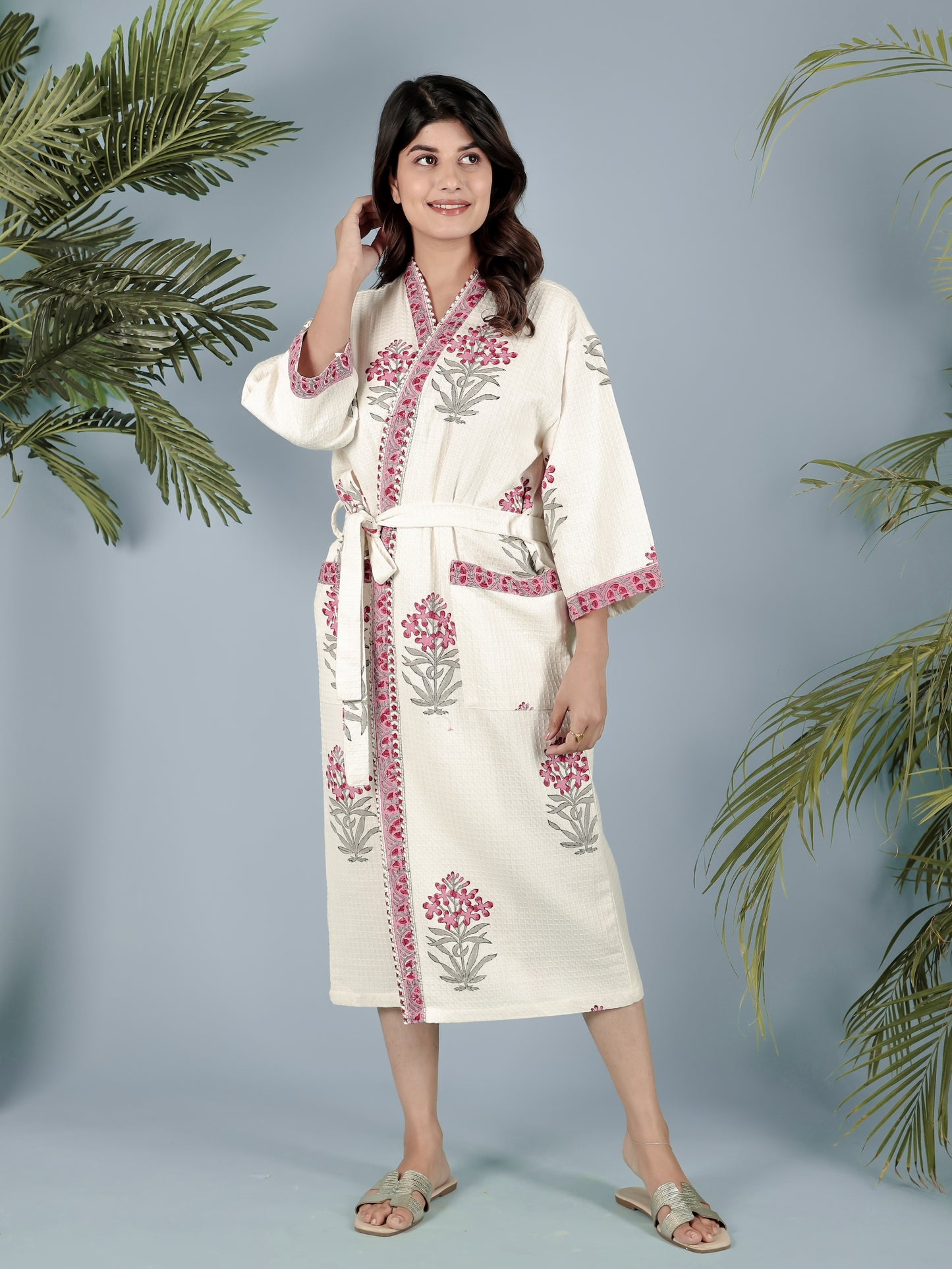 Waffle Cotton Handblock Printed Unisex Bathrobe - Free Size