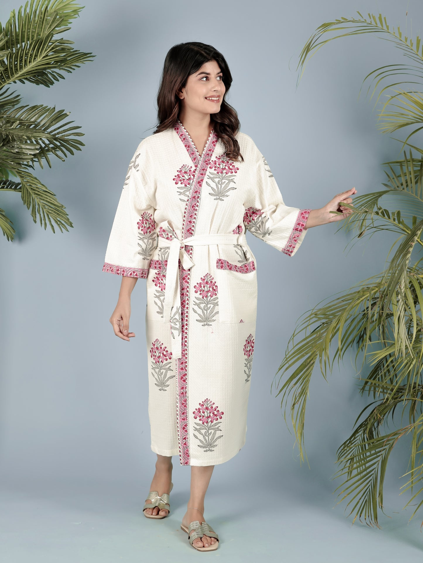 Waffle Cotton Handblock Printed Unisex Bathrobe - Free Size