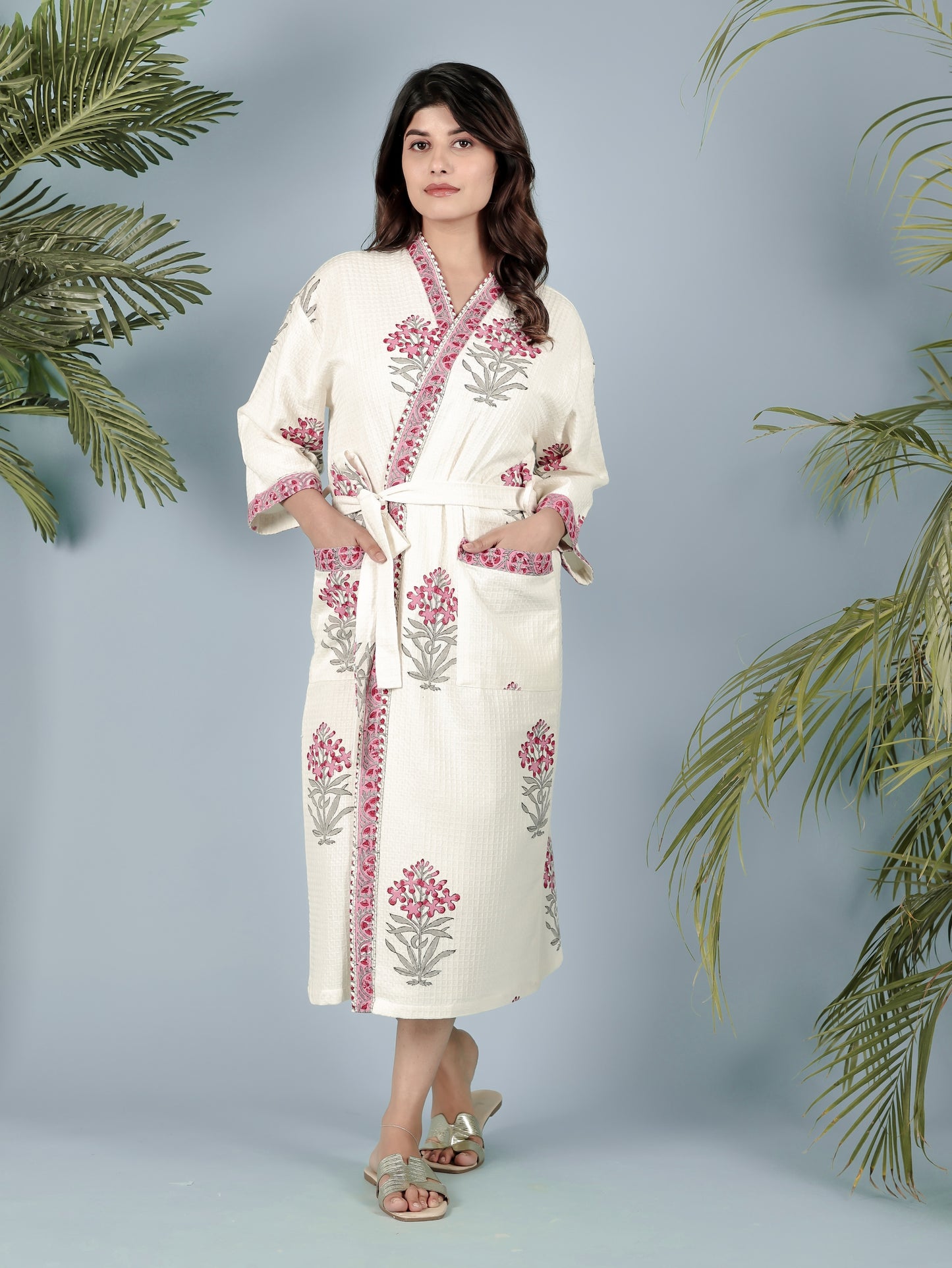 Waffle Cotton Handblock Printed Unisex Bathrobe - Free Size