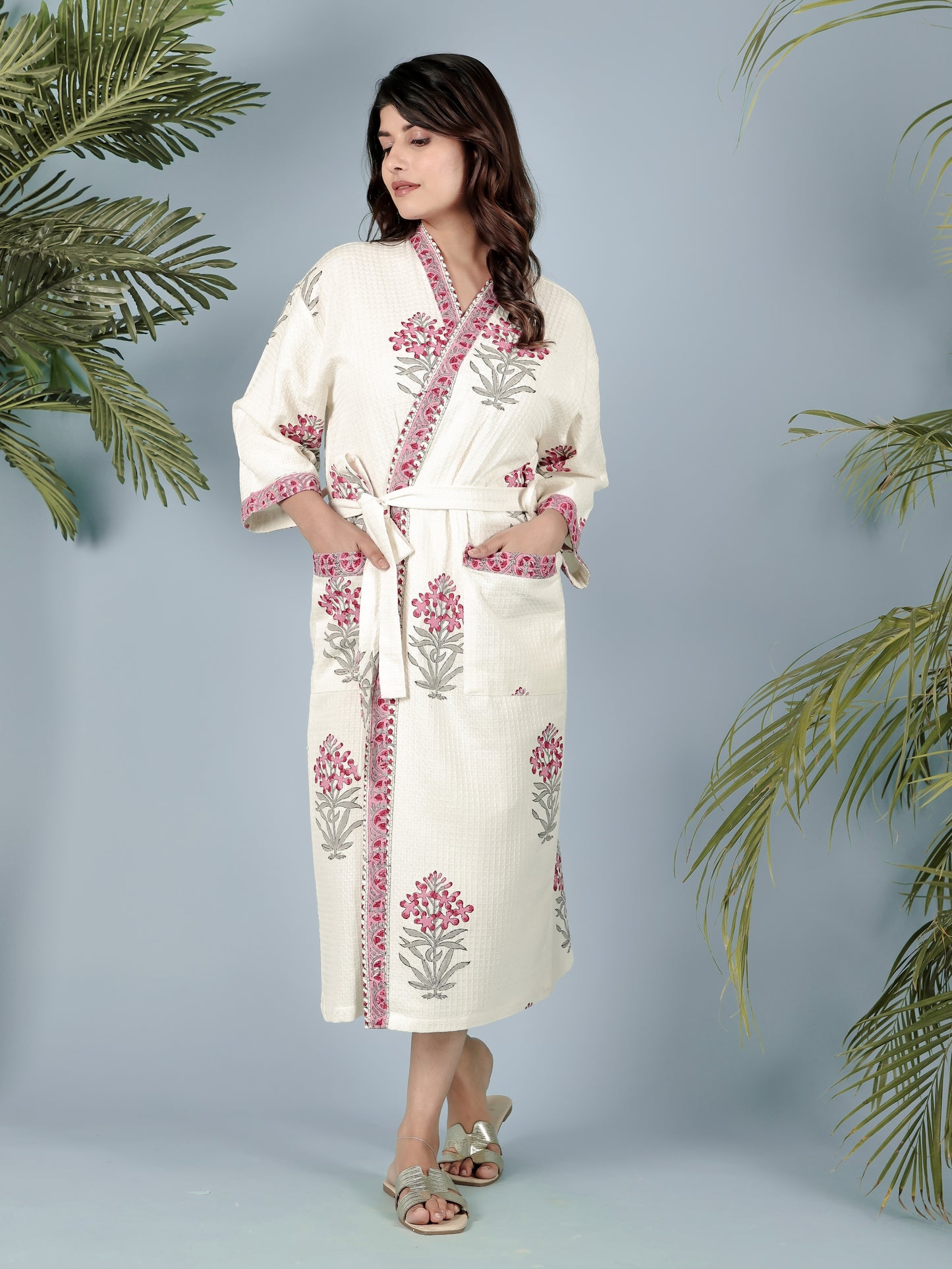 Waffle Cotton Handblock Printed Unisex Bathrobe - Free Size