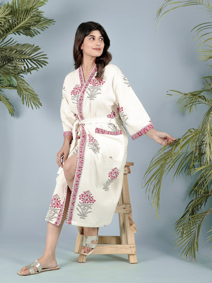 Waffle Cotton Handblock Printed Unisex Bathrobe - Free Size