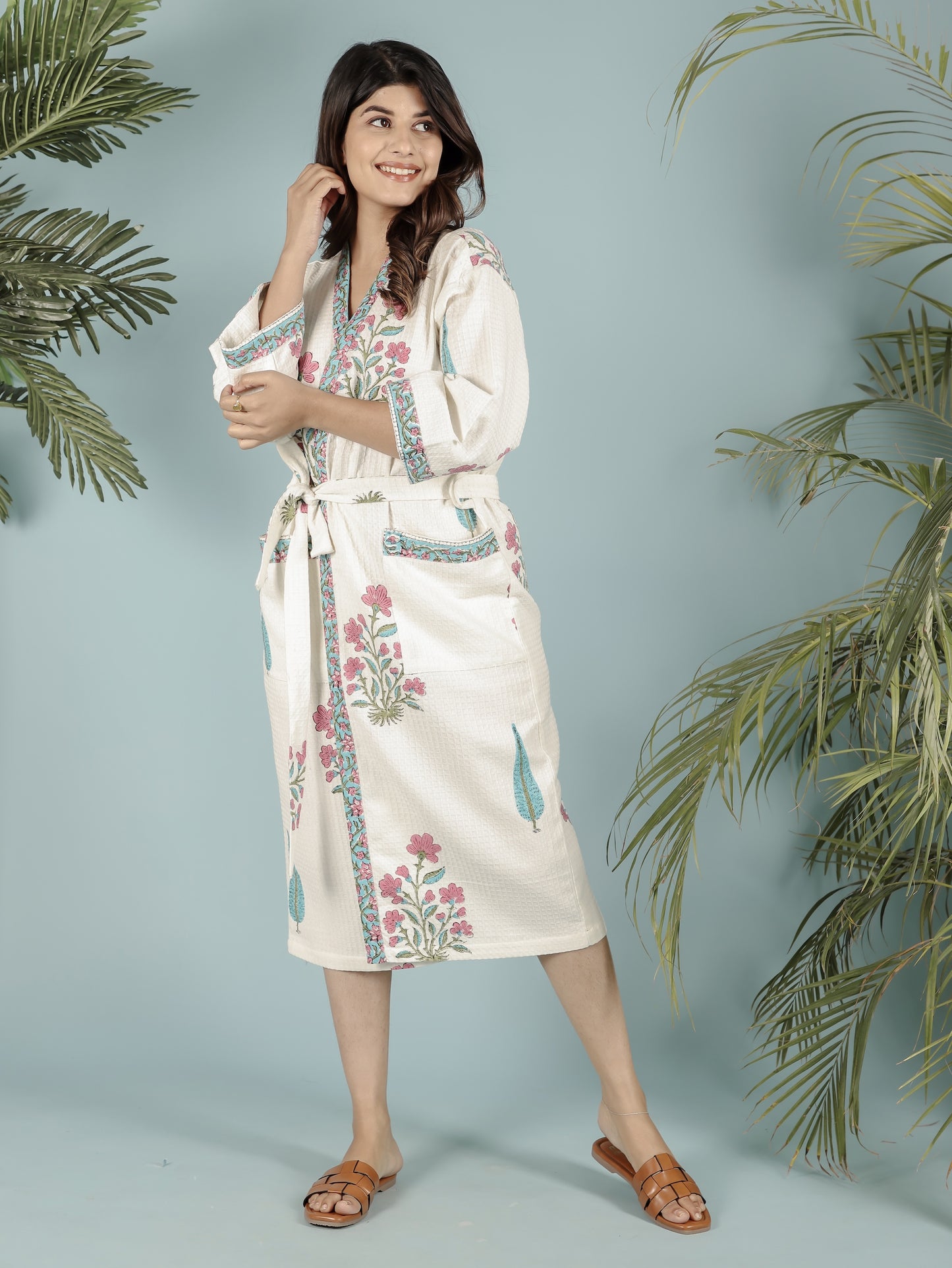 Waffle Cotton Handblock Printed Unisex Bathrobe - Free Size